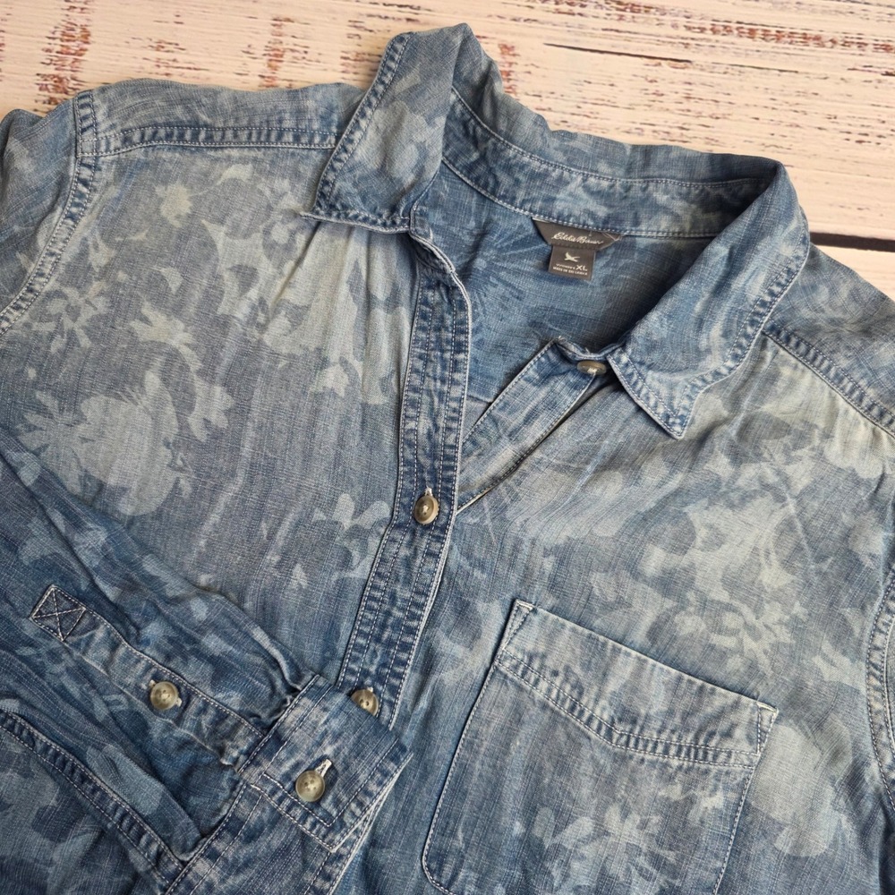 Eddie Bauer Womens XL Blue Floral Dyed Tencel Lyocell Button Down Shirt 21801245